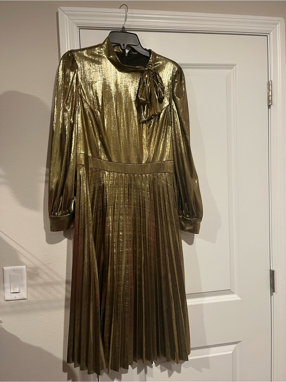 Metallic Gold Long-Sleeve Pleated Tie-Neck Dress